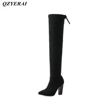 

QZYERAI high Winter knee tight lady high heel long boots high quality imitation deerskin production womens shoes womens boots