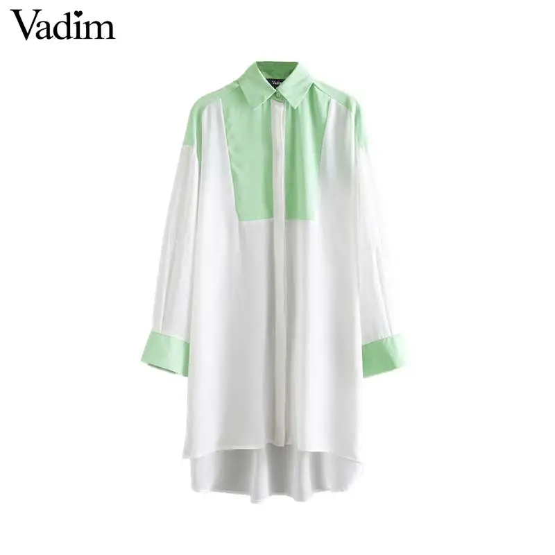 

Vadim women loose blouse green white spliced button long sleeve office lady style shirts casual female tops blusas LB117