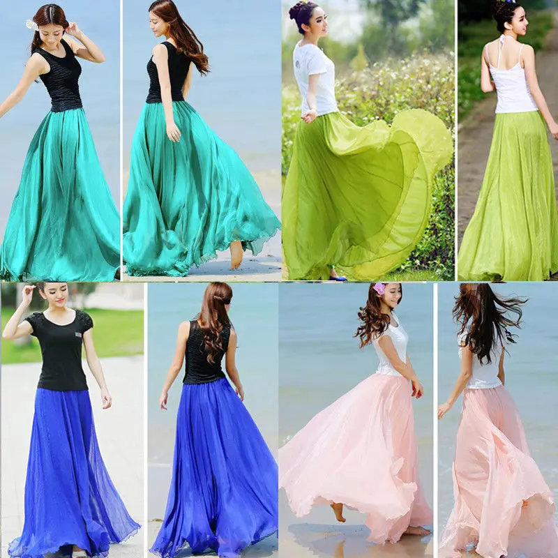 

Womens Boho Double Layer Chiffon Long Maxi Skirt Beach Casual Summer Ladies Solid Color Skirt