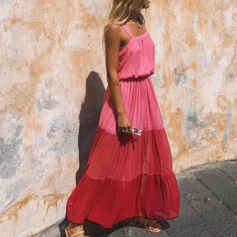 

Sexy Summer Spaghetti Strap Maxi Dress Women Vintage Slash Neck Pleated Beach Dresses Sleeveless Bohemian Party Dress