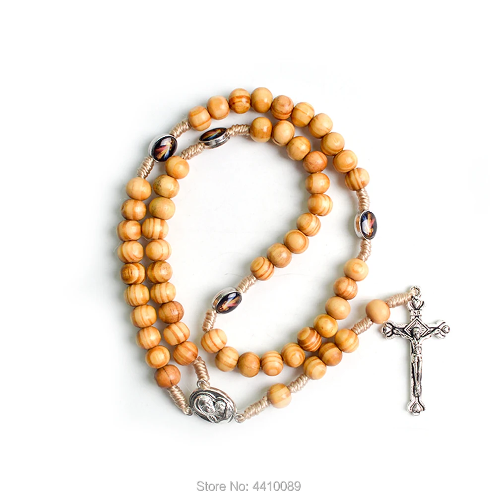 

Handmade Man Wood Cord Rosary Oval Color Picture Jesus Mercy Bead Classic Crucifix and Center