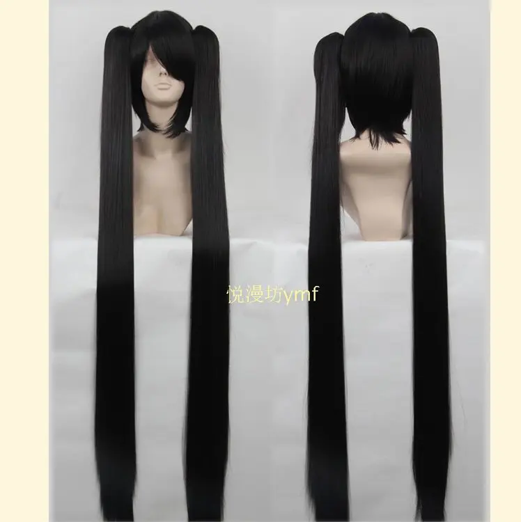 

Vocaloid,Miku,120cm Black long straight with chip on ponytails anime cosplay costume wig,stock,synthetic hair,free shipping