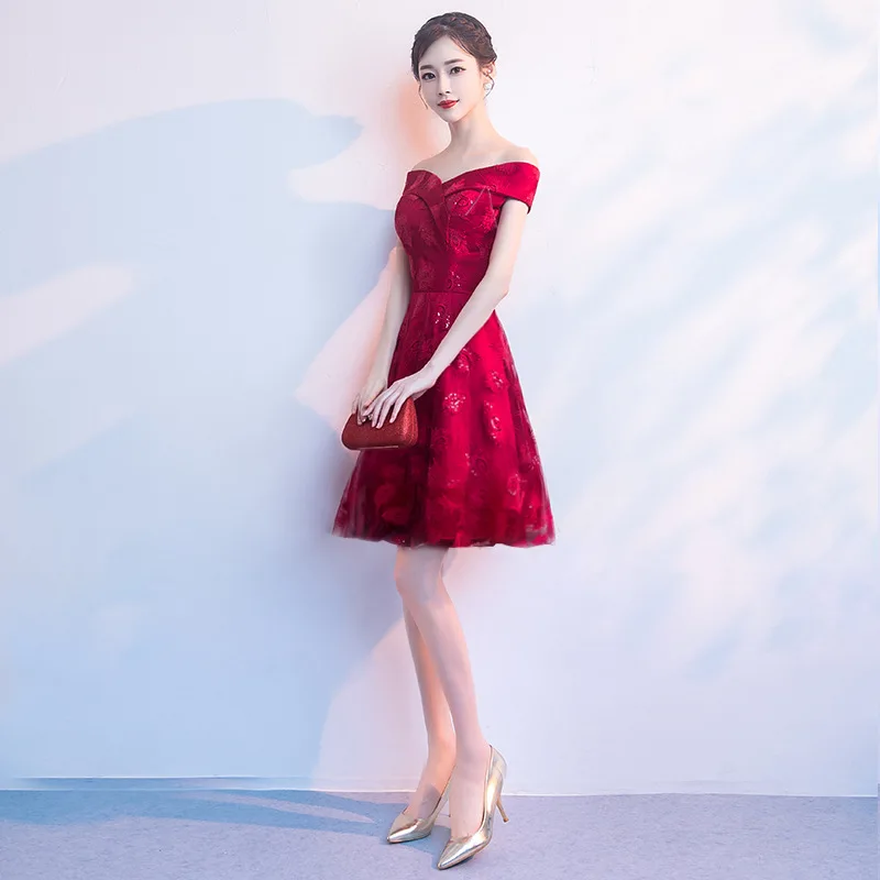Благородное WEISS элегантное милое платье для выпускного вечера асимметричное официальное вечернее кружевное платье для выпускного вечера - Цвет: dark red short