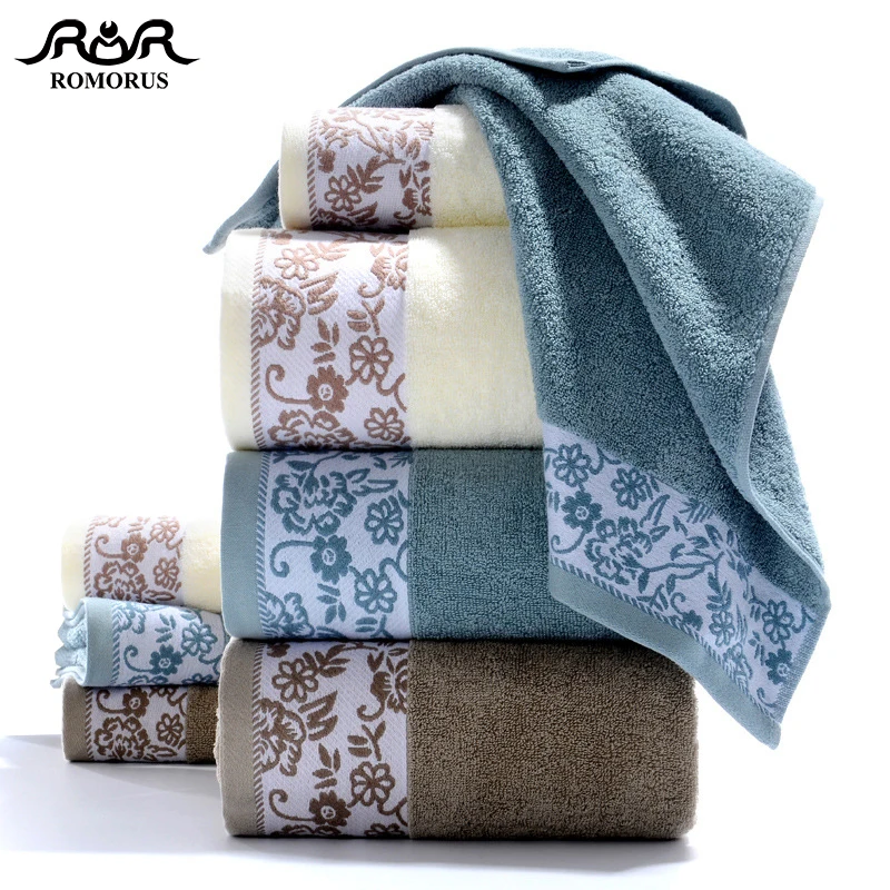 

ROMORUS Pure Cotton Embroidered Bathroom Towels for Adults Large Beach Towel Face Washcloth Strong Water Absorption Towel Set