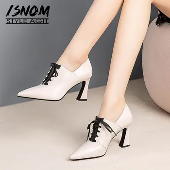 

ISNOM High Heels Hoof Pumps Women Lace Up Pumps Cow Leather Shoes Female Fashion Pointed Toe OL Shoes Women Autumn 2019 New