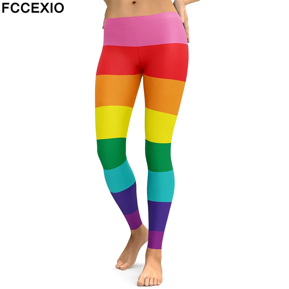 leggings for women FCCEXIO New Workout Leggings High Waist Fitness Legging Rainbow Line 3D Printed Leggins Female Leg Pants Sexy Women Slim Legging aybl leggings Leggings