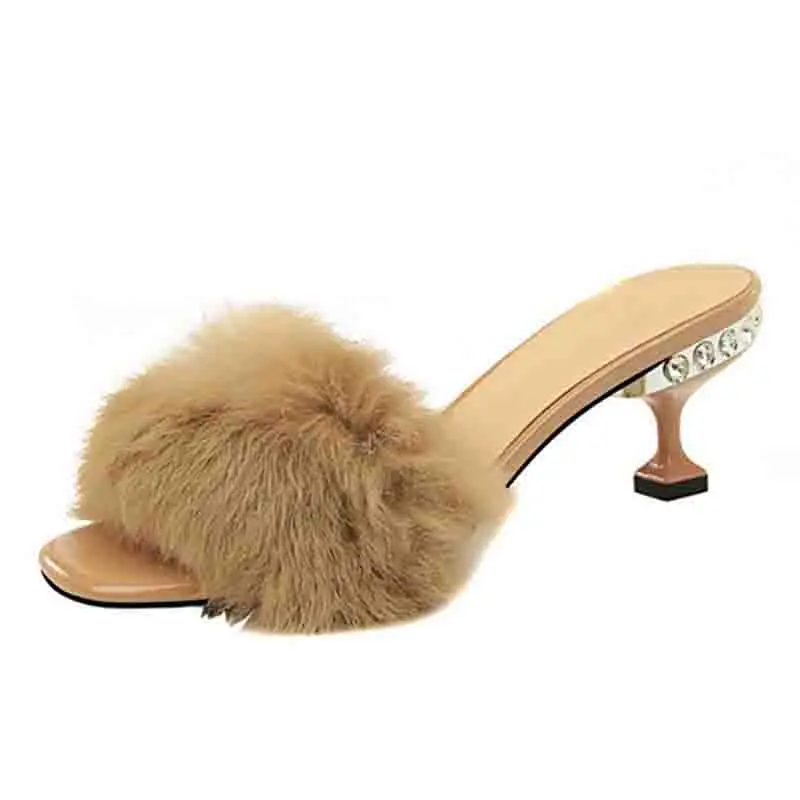 

Sexy Summer Peep Toe Slides Fluffy high heels shoes woman Rabbit fur slipper sandals rose nude black Crystal Ladies Slides