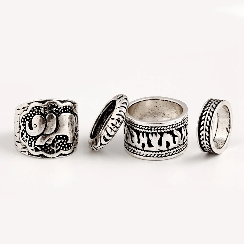 

4 Pieces Retro Ancient Gold&Silver Bohemian Elephant Ethnic Rings Set Carved Personality Joint Knuckle Nail Midi Ring Set