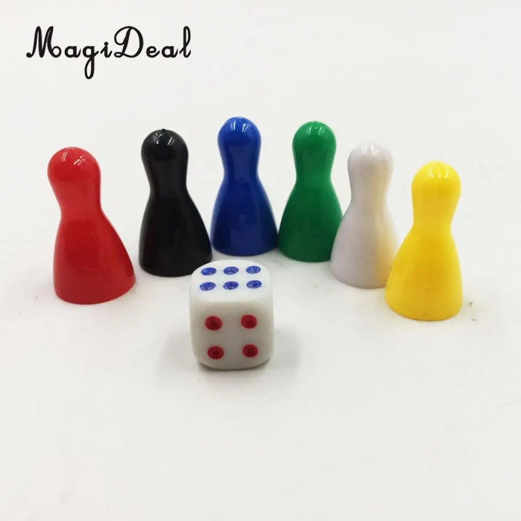6Pcs Durable Plastic Colorful Pieces Pawn Chess Plastic Pieces Dice Set for Board Card Games for Kids Birthday Gift Accessories