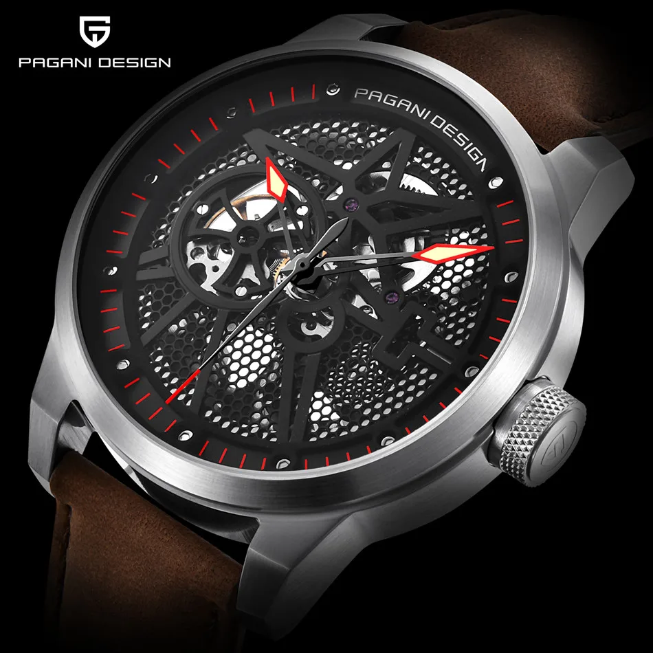 Механические часы Pagani Skeleton Tourbillon, Мужские Автоматические классические кожаные водонепроницаемые наручные часы, мужские часы, подарок