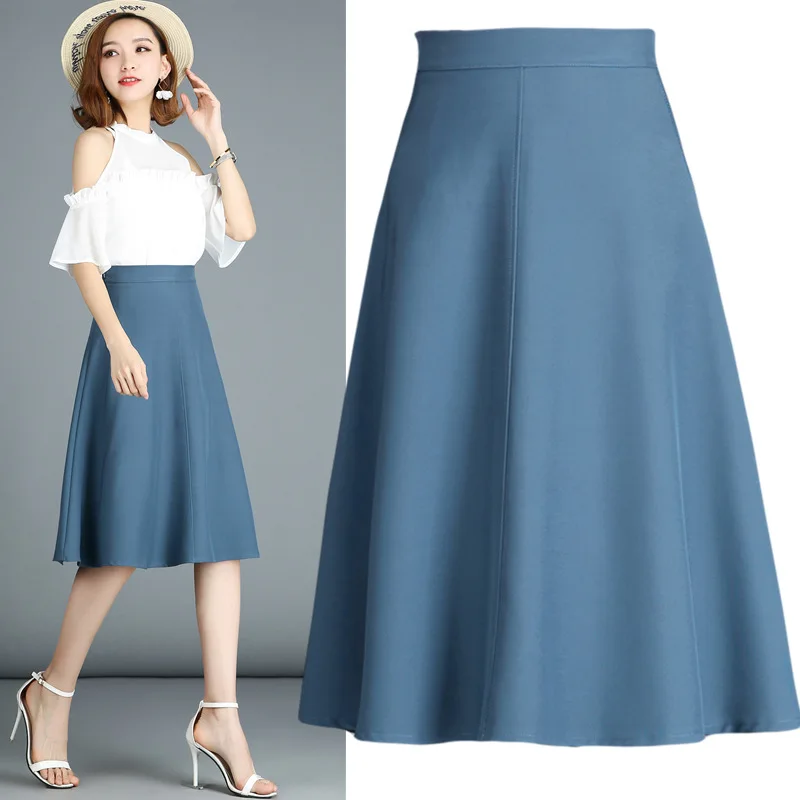 

2019 Spring Summer Woman Plus Size High Waist Solid A Line Skirt Korean Edition Slim Fit Knee-length Midi Skirt Elegant OL Skirt