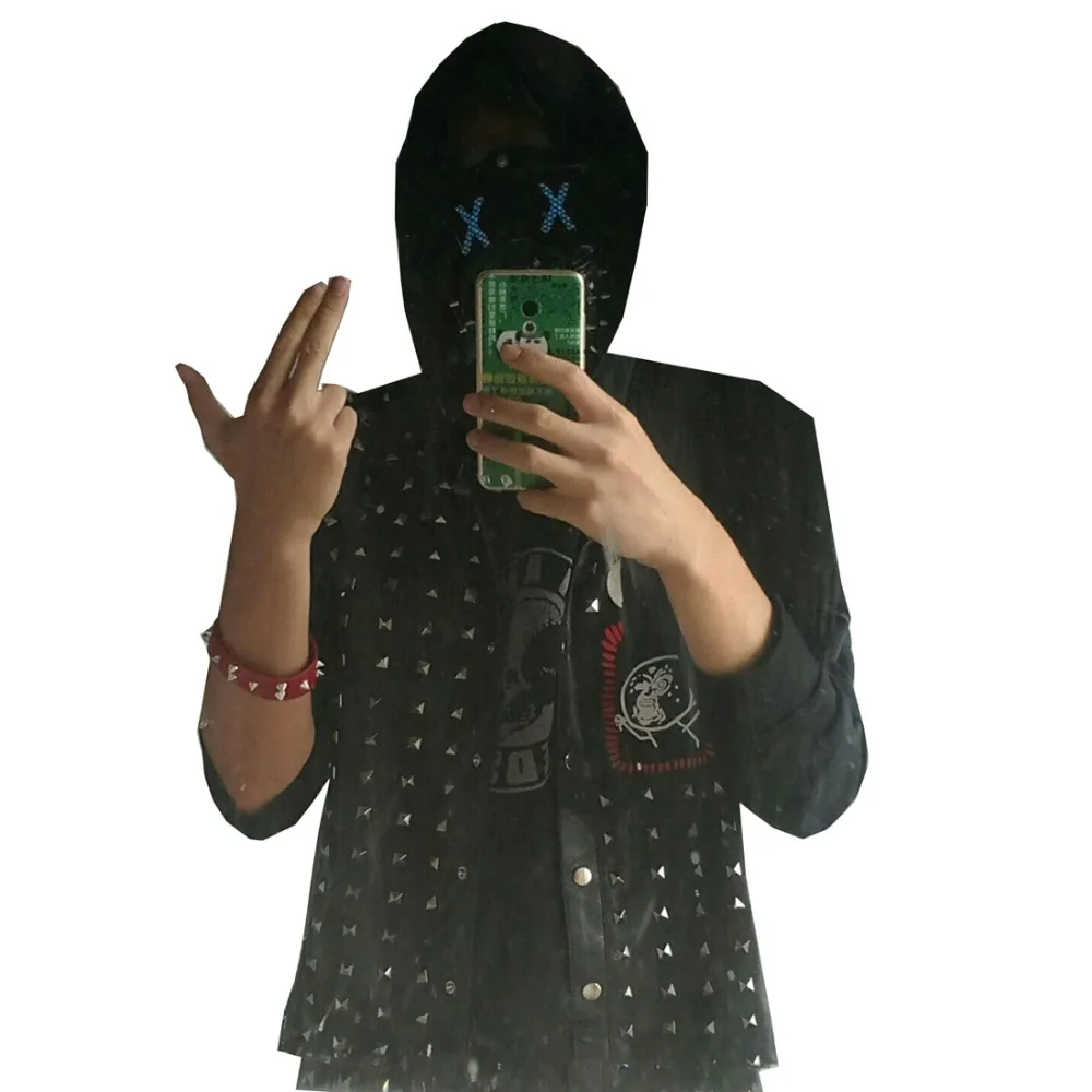 2017 Watch Dogs 2 Wrench Vest Cosplay Costume Black Faux Leather Dedsec Rivet Jacket With Badges And Mask