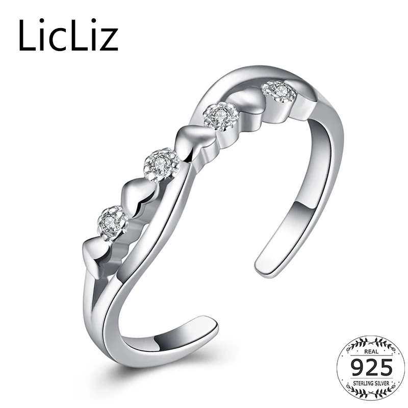 

LicLiz Cute 925 Sterling Silver Heart Adjustable Rings For Women Double Layers Band Hollow Cubic Zirconia Infinity Ring LR0562