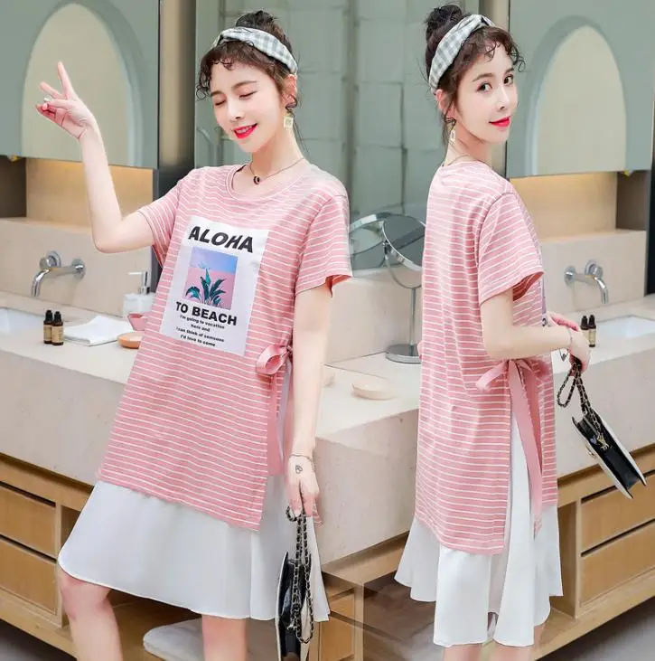 

Street Fashion Mom Pregnant Woman Dress Striped Dress Plus Size Maternity Dress Patchwork Short Sleeve Pink Loose Clothes M-XXL
