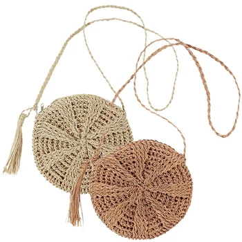 

Women Straw Crossbody Purse Beach Handmade Woven Shoulder Bag with Tassels, Round - Khaki + Beige (2 Bags)