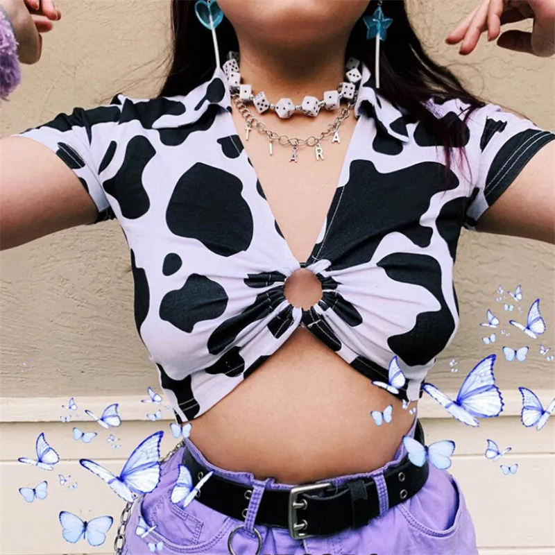 

Fashion Women Ladies V-neck T-Shirts Summer Sexy Short Sleeve Cow Pattern Crop Tops Slim T-shirt Hollow Out Women Tees Tops