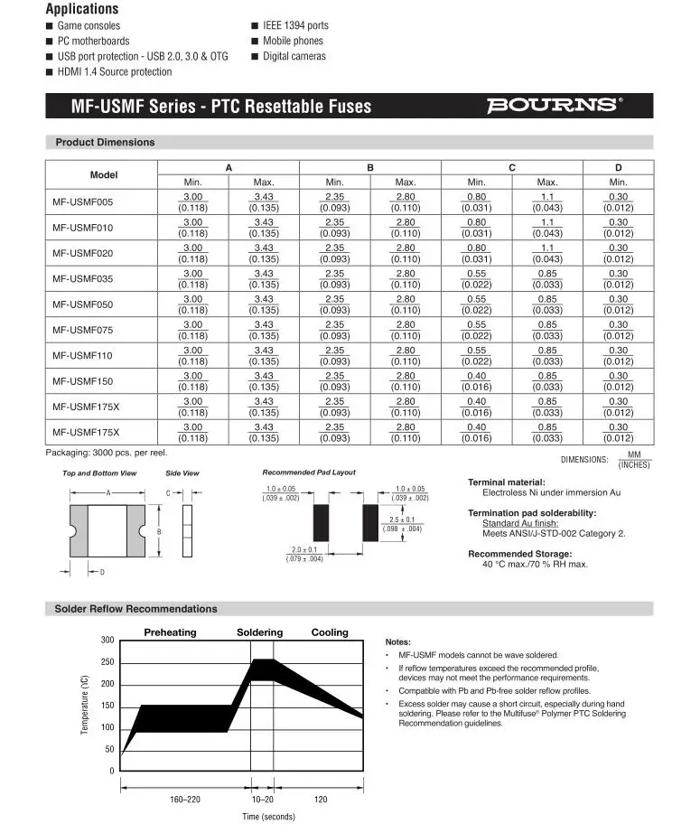 3000 шт. x MF-USMF PPTC 0.05A 0.1A 0.2A 0.35A 0.75A 1.1A 1.5A 2A 6 В 13,2 В 30 В 1210 SMD Самовосстанавливающиеся предохранитель для Bourns резистор