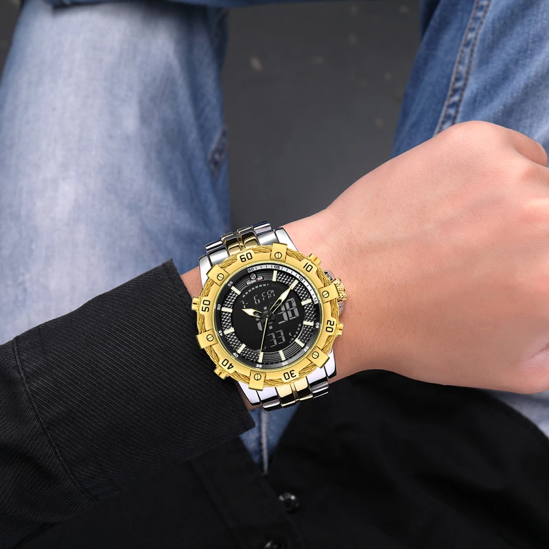 GOLDENHOUR Herren-Armbanduhr, digital, analog, sportlich, wasserdicht, zweifarbig, Edelstahl_voghion.com