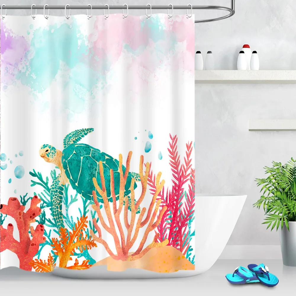 Watercolor Green Cute Sea Turtle Red Pink Yellow Coral Shower