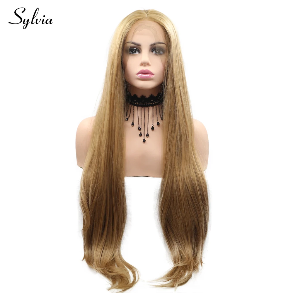 Sylvia Dark Gold Silky Straight Synthetic Lace Front Wigs Middle Parting 180% Density Natural Half Hand Tied Heat Resistant Hair