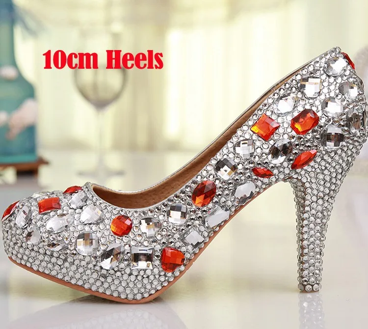Люксовые свадебные туфли ручной работы с серебряными стразами красным горным хрусталем обувь на высоком каблуке с круглым носком для подружки невесты туфли на высоком каблуке для выпускного вечера