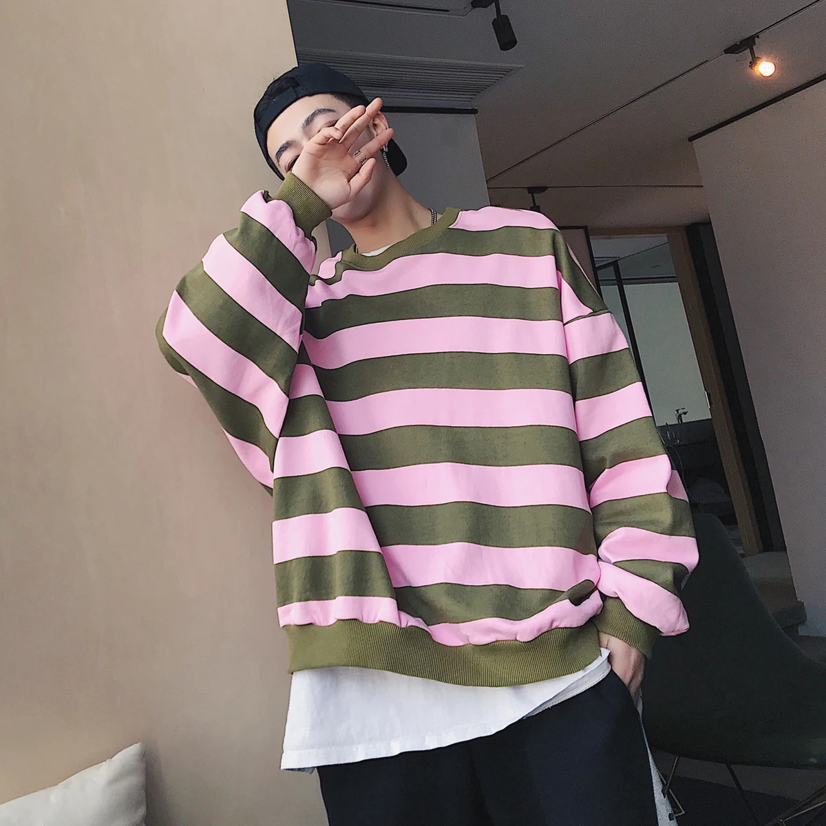 

2018 Korean Style Men's Fashion Stripe Printing Coat Round Collar Pullovers Loose Casual Hoodies Cotton Clothes Sweatshirts M-XL