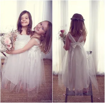 

Pretty A Line Flower Girl Dresses Bowed Sashes Lace Tulle Little Girls Floor Length Dress for Wedding Party