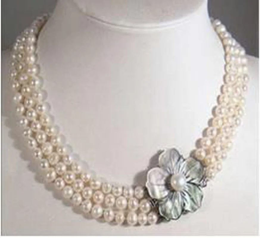 

3 Rows 7-8mm White Akoya Pearl Necklace Shell Clasp-MNJH8