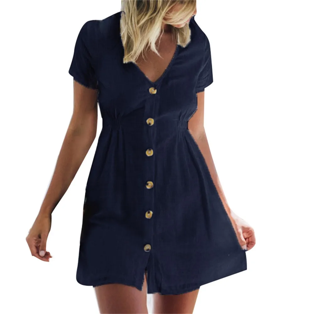

JAYCOSIN Women's Clothing V-Neck Short Sleeve A-Line Dress Ladies Fashion Casual Solid Color Button Down Summer Girls Dress