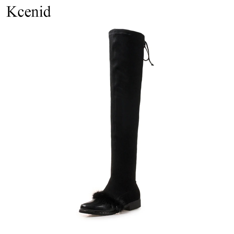 

Kcenid Newest fashion mink fur women over the knee thigh high boots autumn winter square heel shoes woman concise stretch boots
