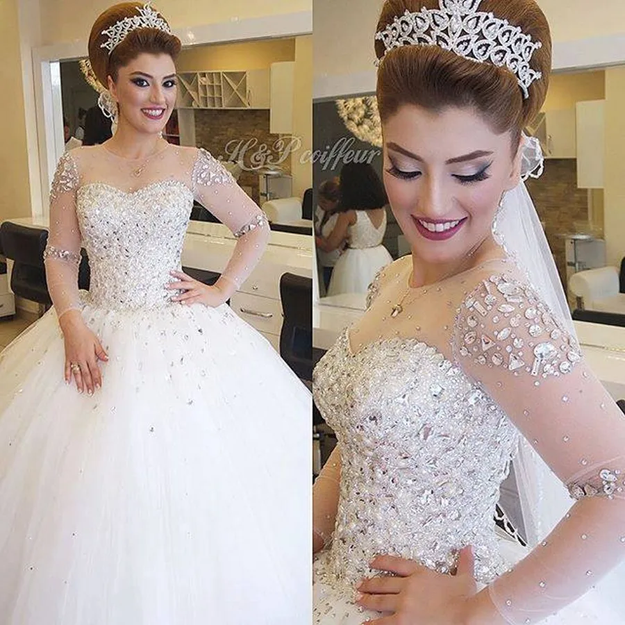 Robe Mariage Luxury Long Sleeve Crystal Beading Pearls Ball Gown Robe Mariage Luxury Long Sleeve Crystal Beading Pearls Ball Gown Sparkling Wedding Dress In Dresses From Weddings Events On Aliexpress
