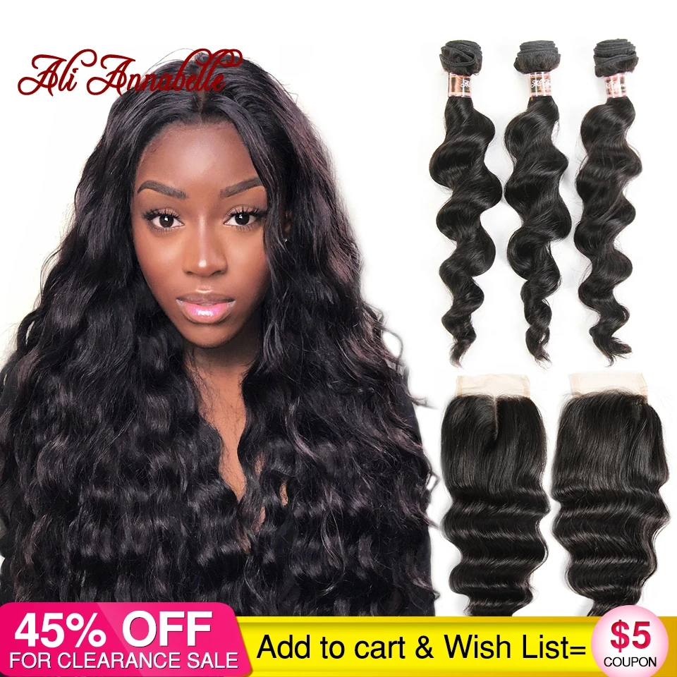 

ALI ANNABELLE HAIR Brazilian Loose Wave Lace Closure Free Middle Part 4PCS Human Hair Bundles With Closure Remy Hair Extension