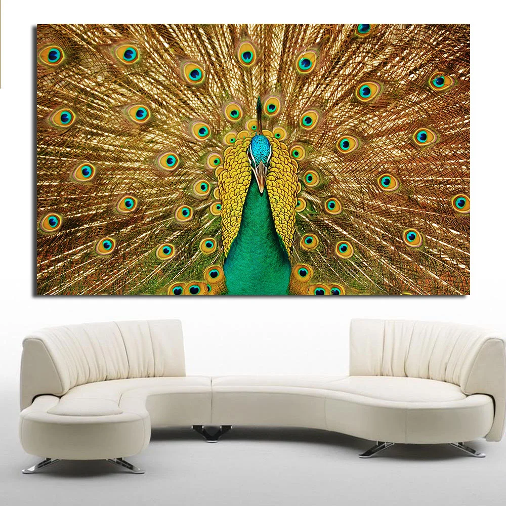 JQHYART The Large Size Golden Peacock Paintings For Living Room Wall