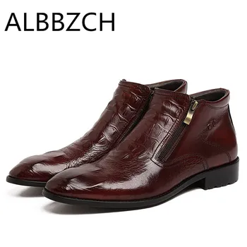 

New mens embossed cow leather ankle boots high top wedding dress shoes men fashion crocodile pattern quality work boots botas 10