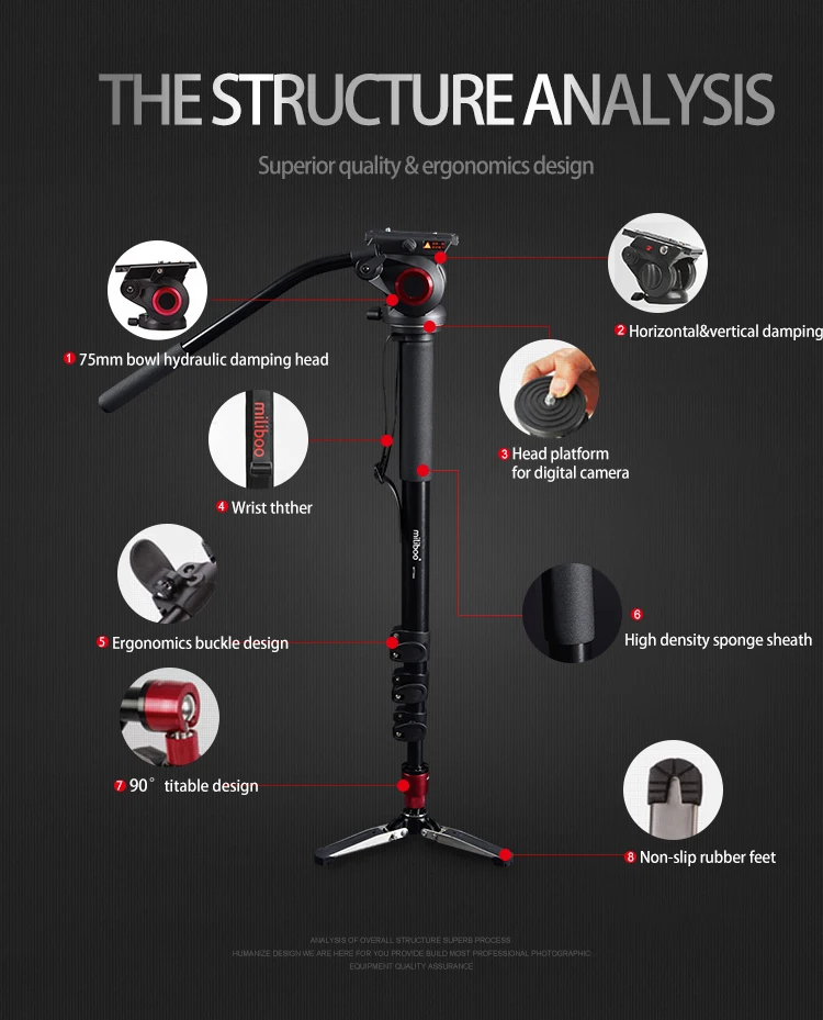 Miliboo MTT705A алюминиевый Портативный монопод с жидкой головкой для камеры для видеокамеры/DSLR Профессиональный штатив 7" Максимальная высота