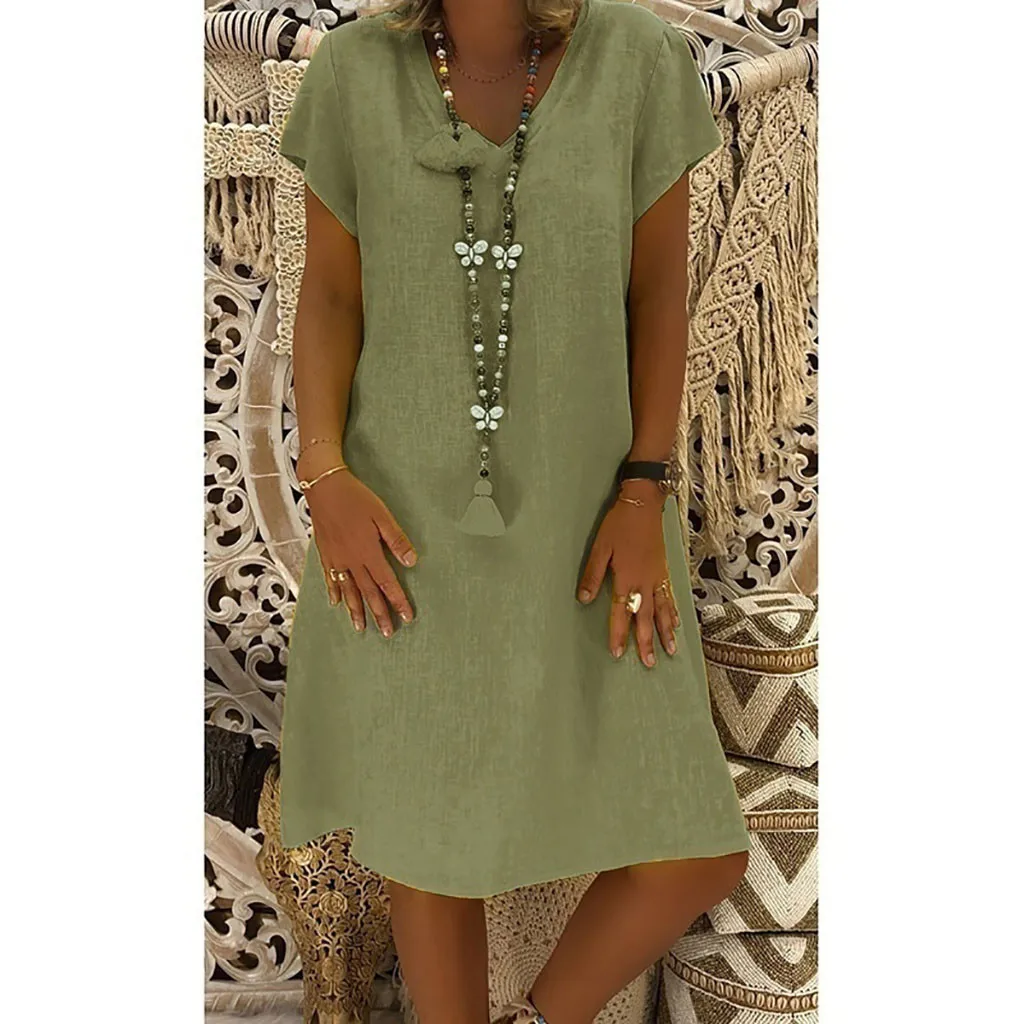 JAYCOSIN Spring New Casual V-Neck Cotton and Linen Dress Women Summer Style Cotton Casual Plus Size Ladies Dress 2020