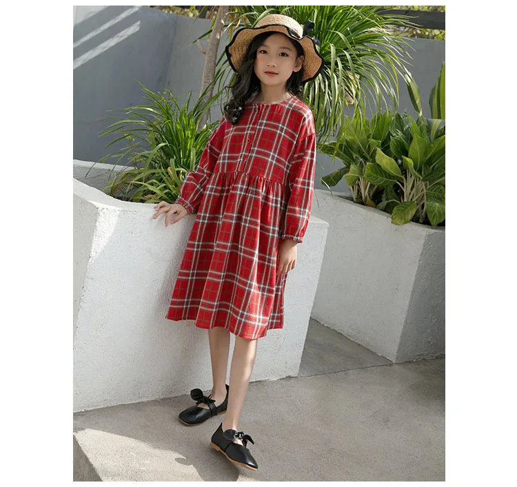 Plaid Cotton Preppy Style Knee Length Dresses For Teens Girls Dresses Age 13 14 Years Toddler Red Long Sleeve Party Dress Kids  (13).jpg