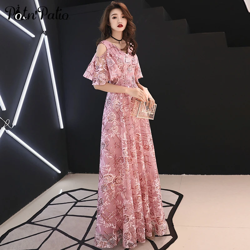 2019 New V-neck Pink Evening Dresses Long Luxury Sequined Lace Evening Gowns For Women Elegant Formal Dresses With Cap Sleeves 2019 New V-neck Pink Evening Dresses Long Luxury Sequined Lace Evening Gowns For Women Elegant Formal Dresses With Cap Sleeves