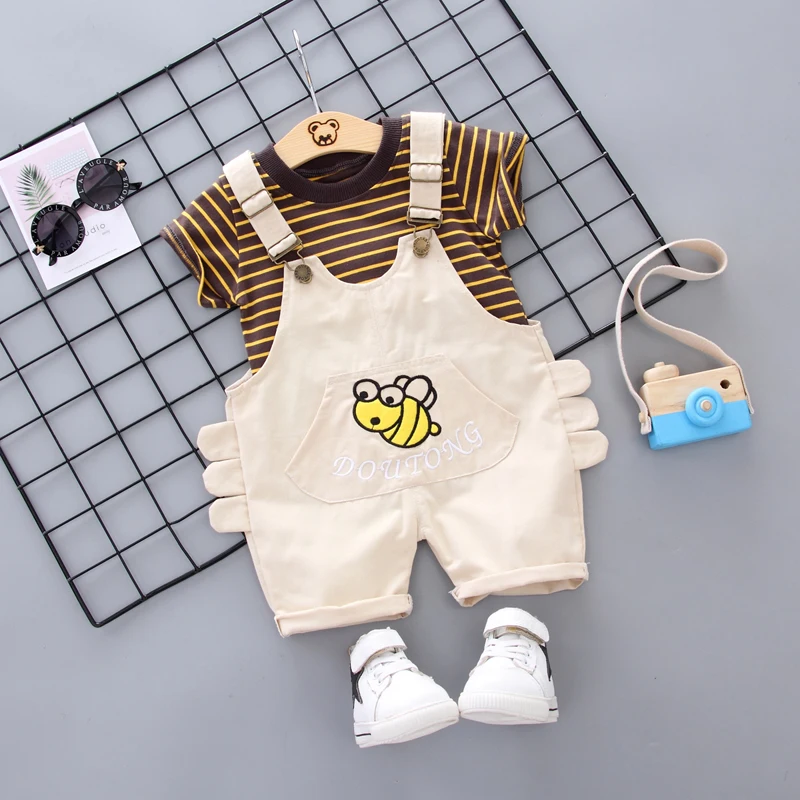 

2019 Baby Boy Clothing Set Summer Short Sleeve O-Neck Cotton Striped Vest+Bib Shorts 2 PCS Bee Children Clothes Kids Sports Set