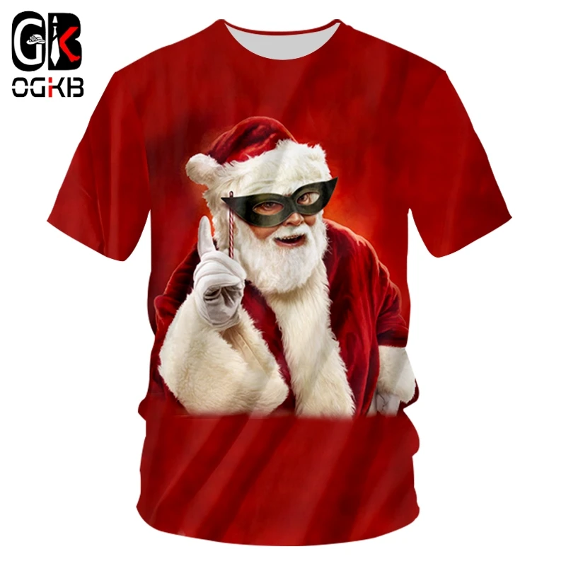 

OGKB Man Autumn New Loose Red O Neck Tshirt 3D Printed Funny Mask Santa Claus Short Sleeve T-shirt Big Size Men's 5XL