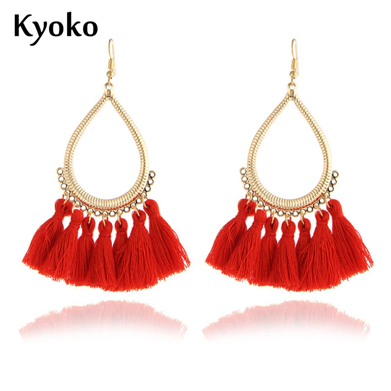 

Kyoko 2019 earrings Long Tassel Earrings For Women Fashion Jewelry Red Color Big Round Pendientes Fringe Earrings Female Wedding