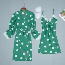 Сексуальное женское белье, одежда для сна, одежда для сна, летняя атласная пижама с принтом в горошек, комплект с длинными рукавами, Женская мода