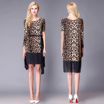 

Present Latin Dance Dresses For Ladies Leopard Print Cocktail Dresses Springy Comfort Female Women Indian Tassel Skirts W1195