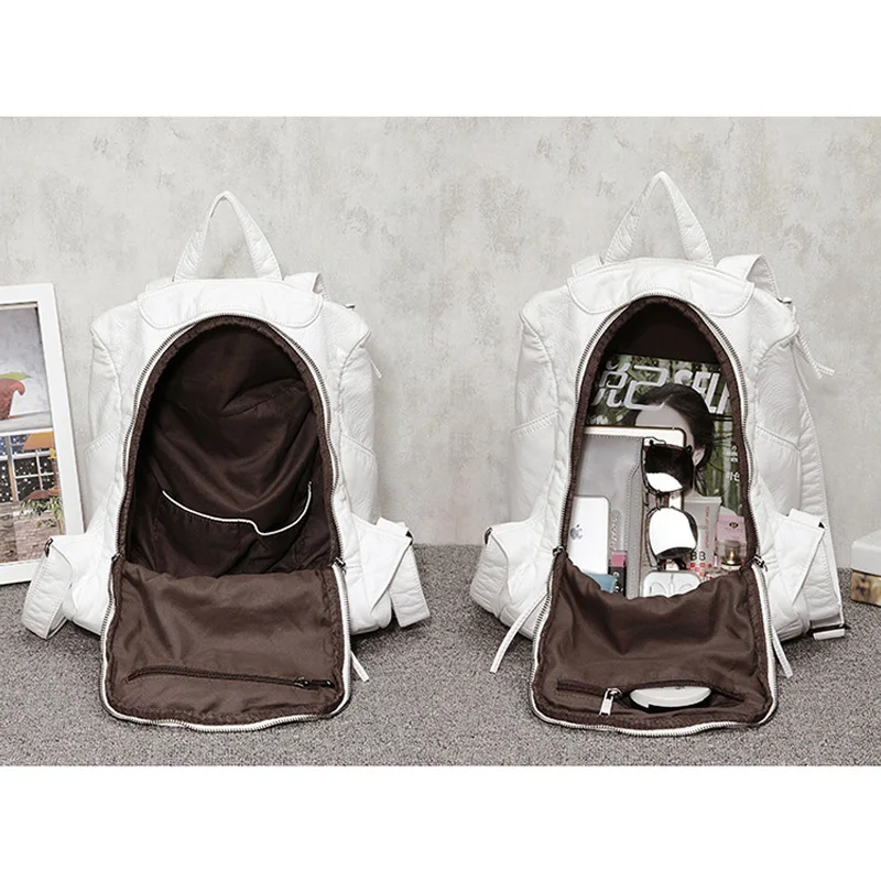  Soft PU Leather Anti Theft Backpack Women Solid Casual Travel Backpacks Female White Zipper Rucksac - 32840876260