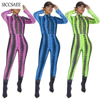 

Zipper Front Bodycon Bandage Jumpsuits And Rompers Women Snake Snake Skin Printed Long Sleeve Bodysuit Serpentine Sexy Club Wear