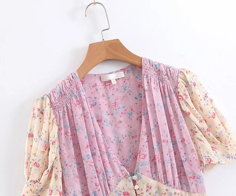 Boho loveshack summer dresses v neck ruffles slim silk-like holiday ins bloggers patchwork special interest mini dress pleated