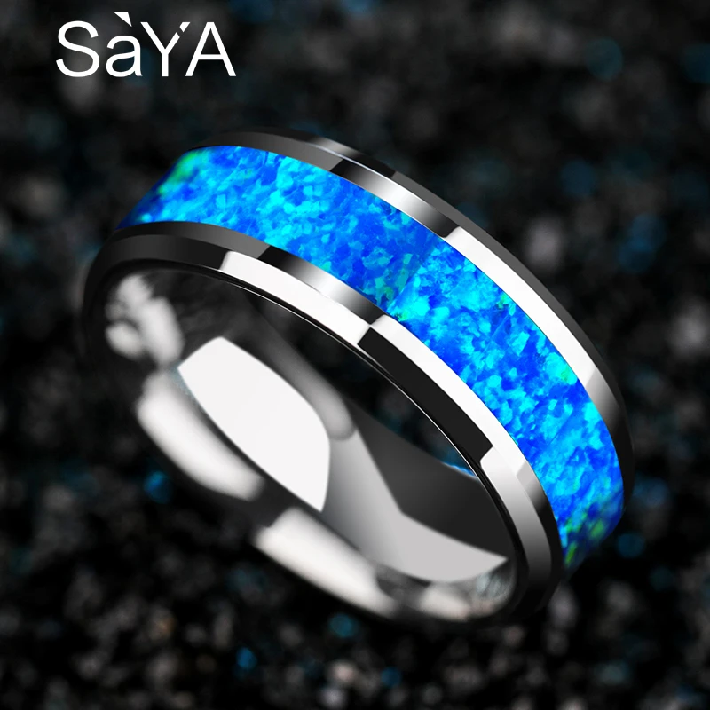 Saya Брендовое роскошное вольфрамовое обручальное кольцо шириной 8 мм с инкрустацией голубым опалом для мужчин и женщин, модное ювелирное изделие, Размер 7-10,5, гравировка