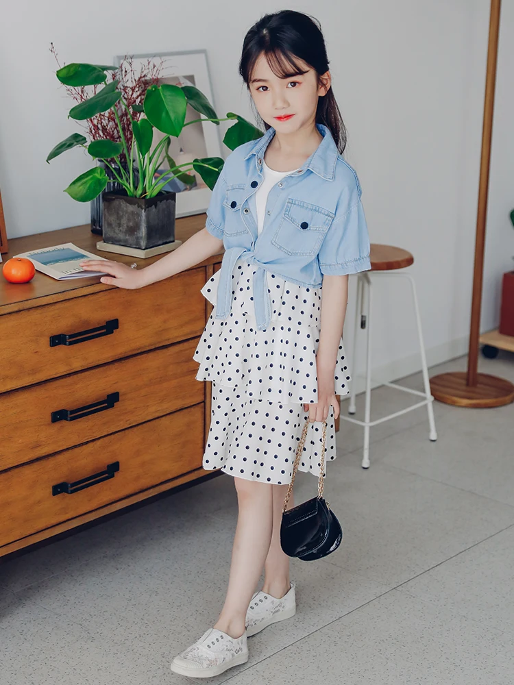 

2019 Teenage Girls Clothing Set New Summer Outfits For Girls Dot Princess Dress + Denim Shirts Kids Clothes 10 12 Ensemble Fille