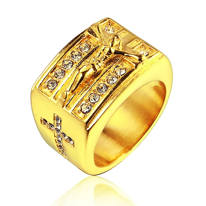 

Cross Jesus Rings For Men White Cubic Zirconia Gold Tone Stainless Steel Ring Male Crucifix CZ Jewelry New Anel Aneis Masculinos