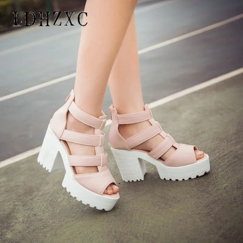 

LDHZXC 2019 new women sandals Large Size 34-43 square heels summer woman shoes sandals leisure platform sandal shoes women